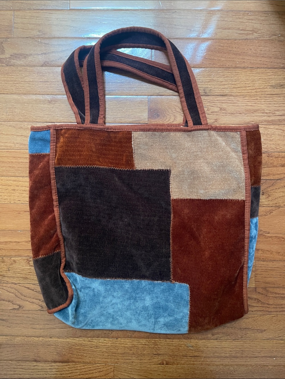 Patchwork Corduroy Tote Bag in Brown, Rust and Light Blue
